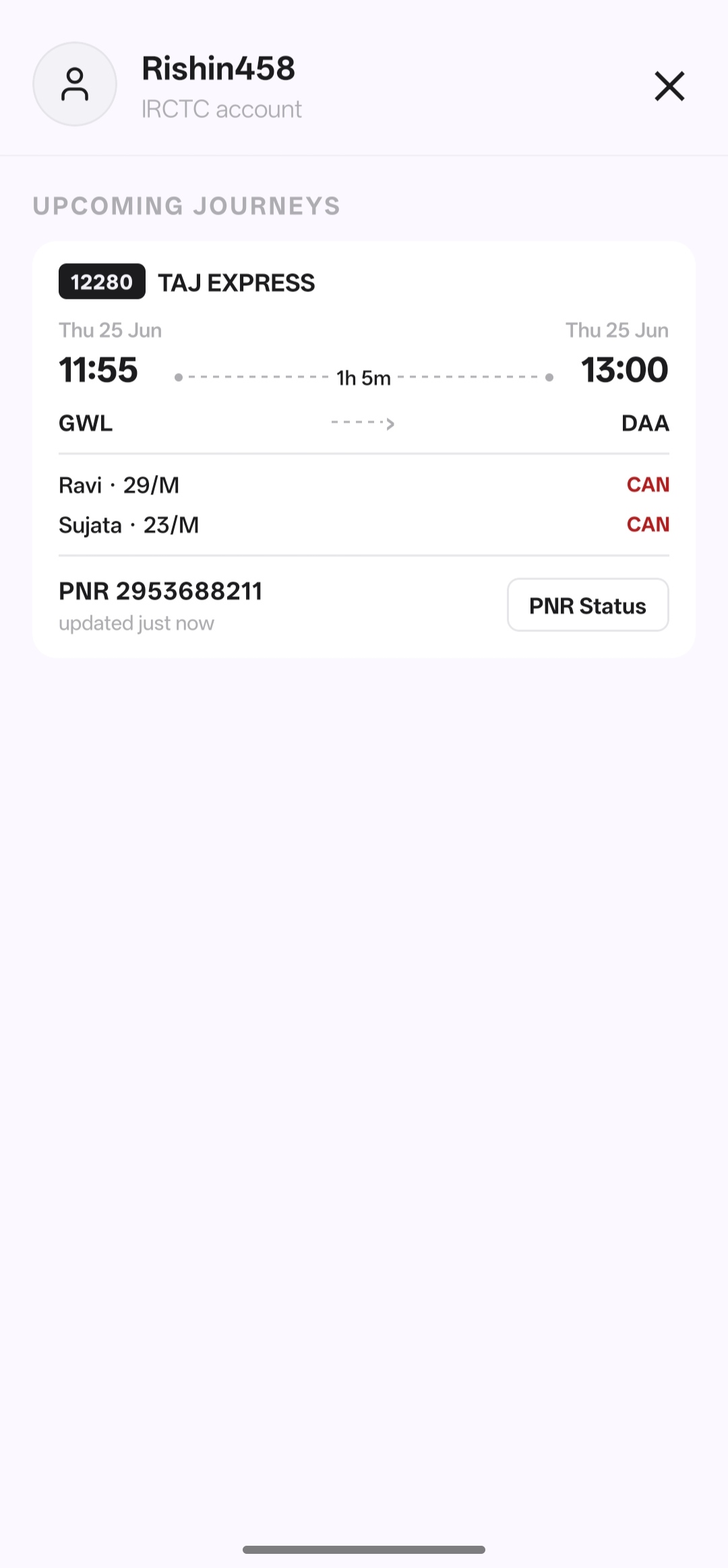 Rango upcoming journeys with PNR status
